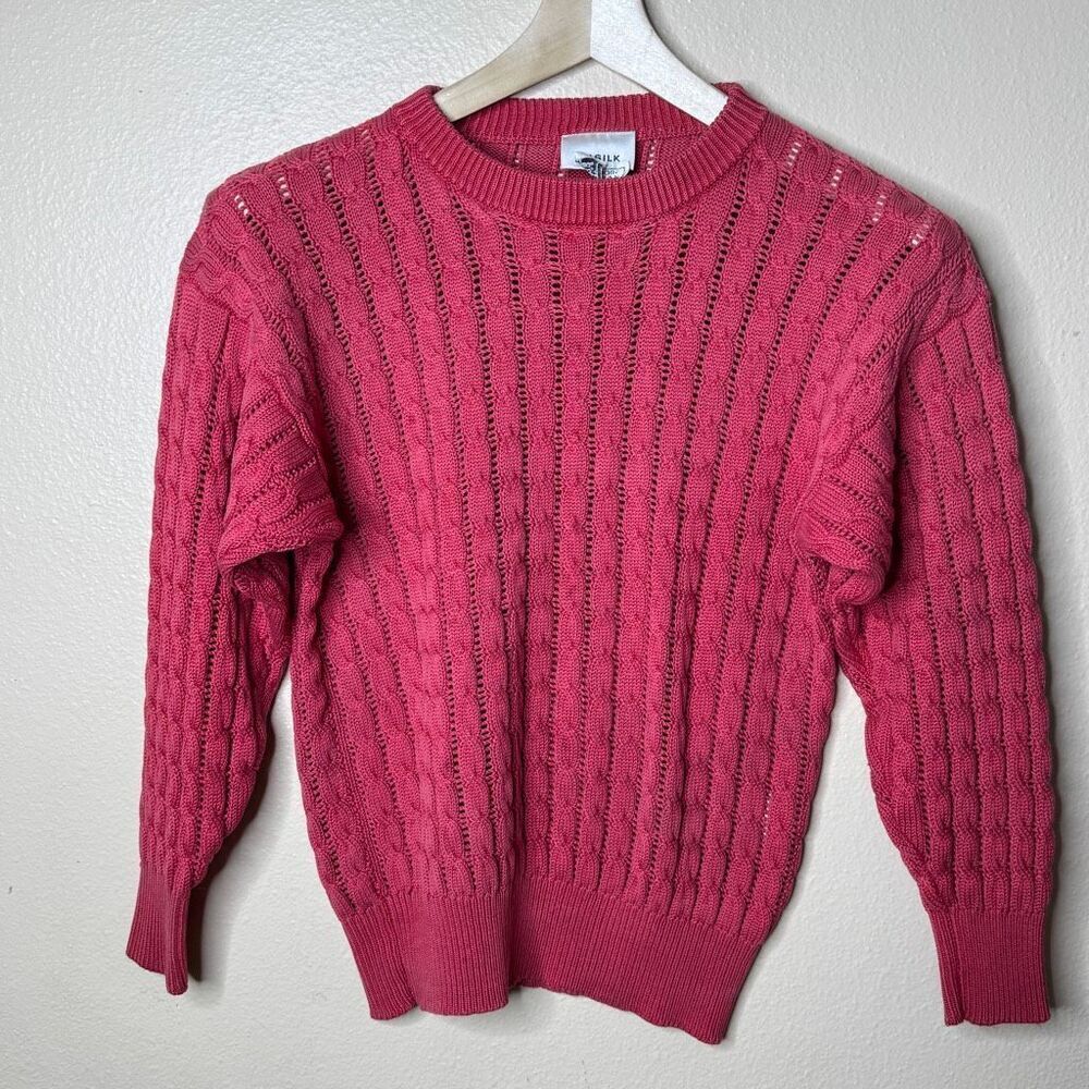 Go Silk Sweater Women's Medium Pink Crewneck Cable Knit Silk Pullover